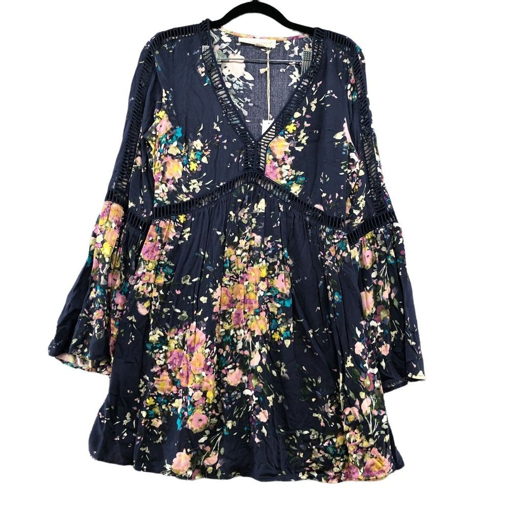 NWT Lovestitch Bell Sleeve Dress Size S Blue V-neck Floral Boho Mini A-Line
